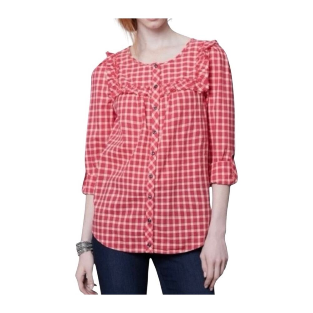 Holding Horses Top Womens Size 0 Gingham Plaid Ruffle Button Front Peasant